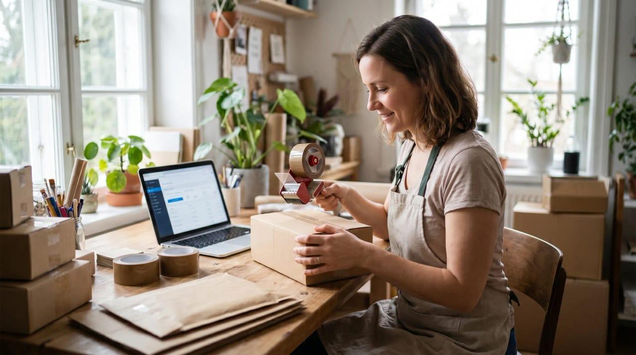 Empreendedora digital embalando produtos para envio
